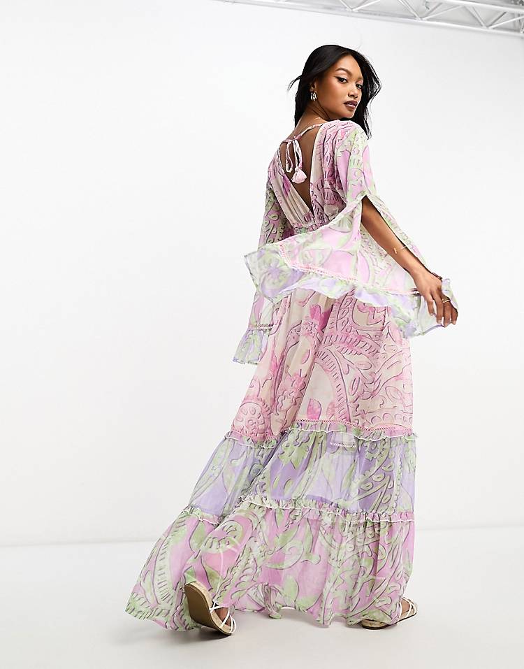 River Island mix print tiered maxi beach dress in purple